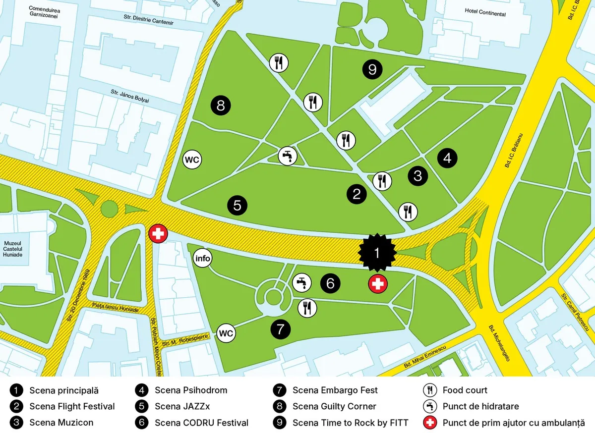 Harta locației principale 2026: Bulevardul I.C. Brătianu, Parcul Civic și Parcul I.C. Brătianu